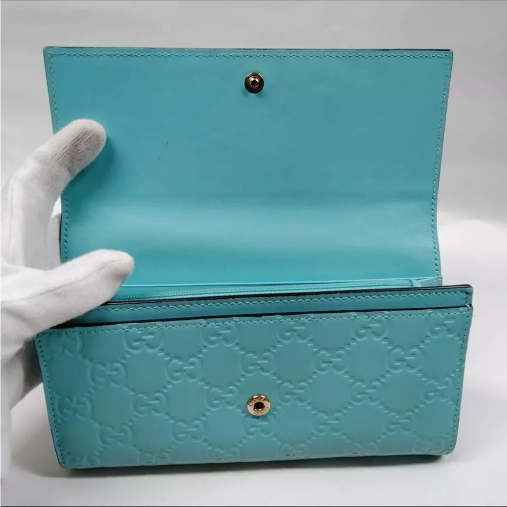 Auth Gucci Turquoise Blue GG Monogram MicroGuccisima Continental Wallet Bow - Picture 4 of 9